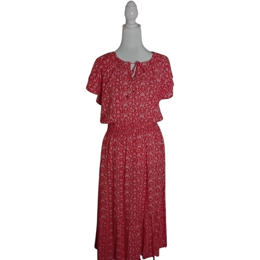 Destination 365 Women's XS Red White Print Short Sleeve Tie Neck Maxi Dress
